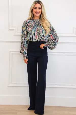 Jacey Printed Long Sleeve Top: Navy Multi