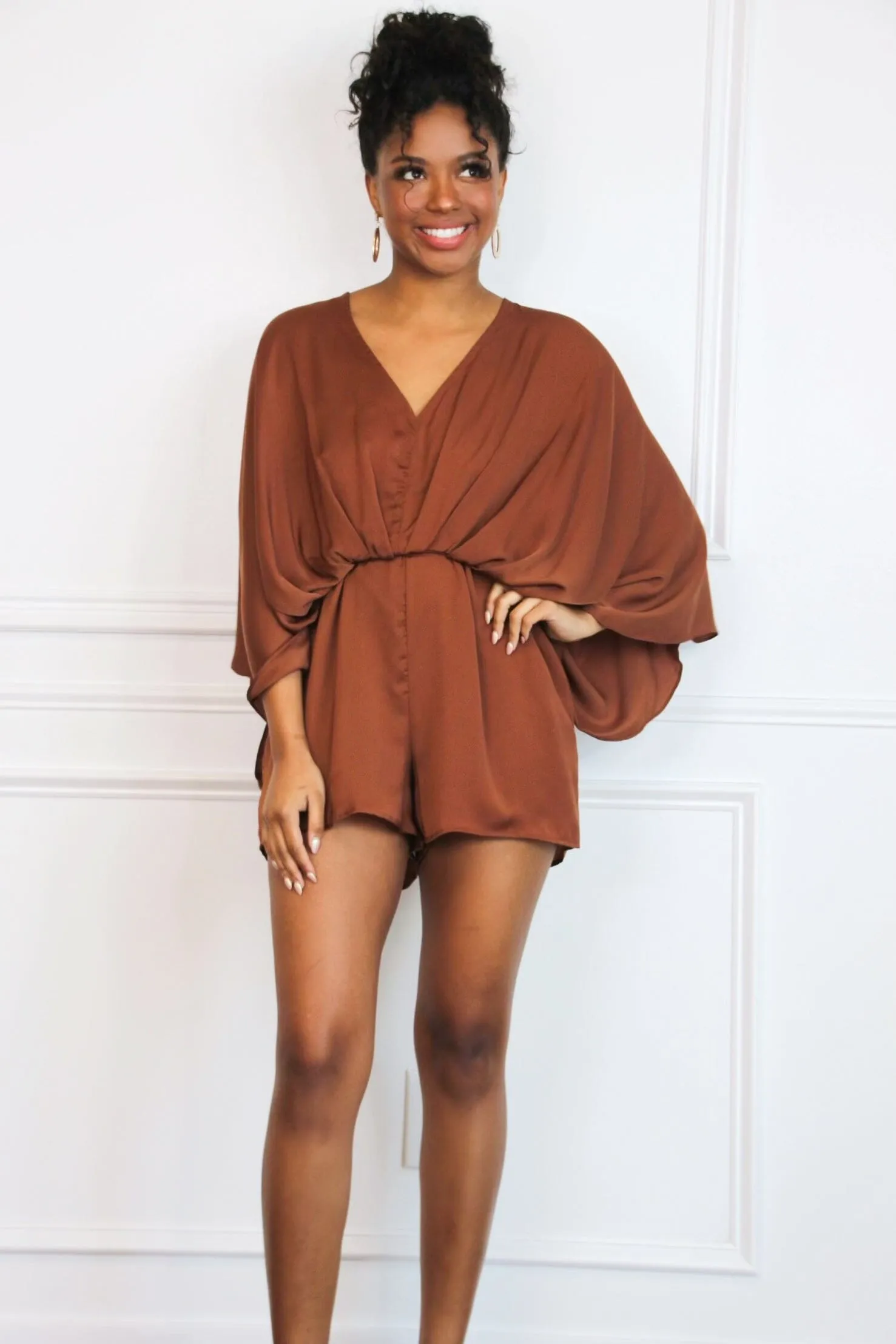 Jade Satin Kimono Sleeve Romper: Chocolate