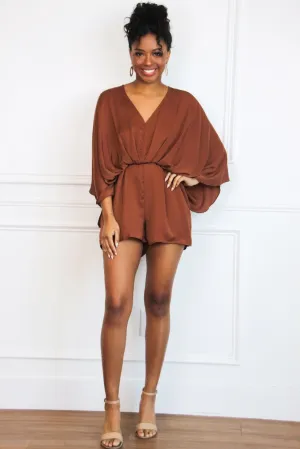 Jade Satin Kimono Sleeve Romper: Chocolate