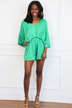 Jade Satin Kimono Sleeve Romper: Green