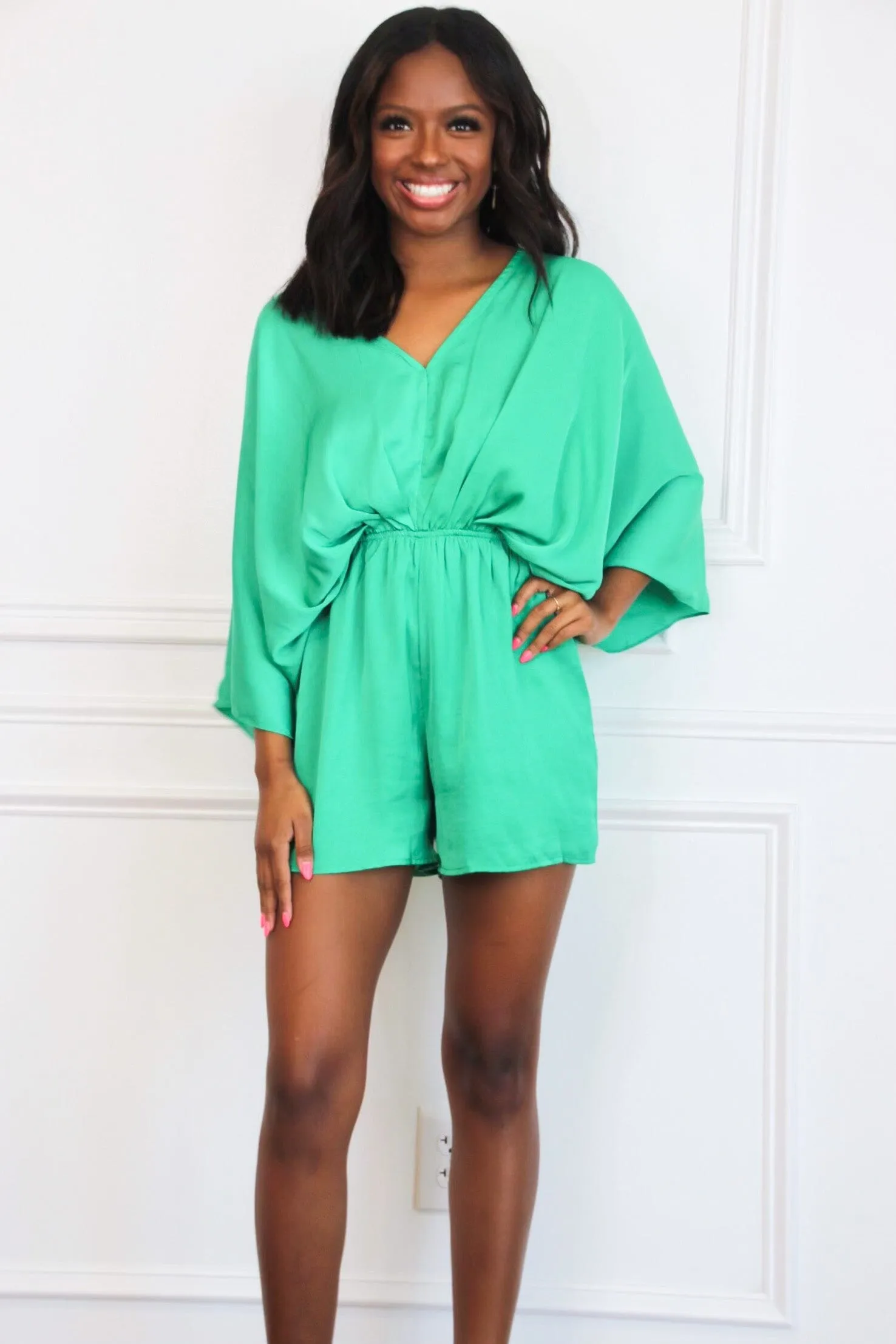 Jade Satin Kimono Sleeve Romper: Green
