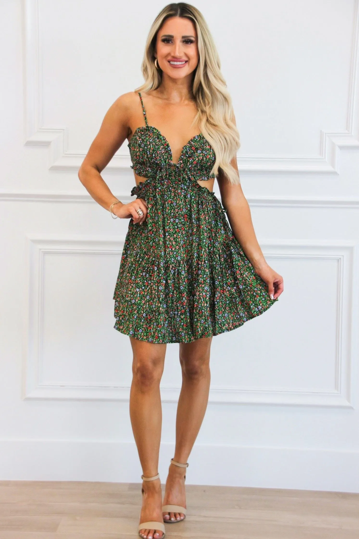 Jaimin Cutout Floral Mini Dress: Olive