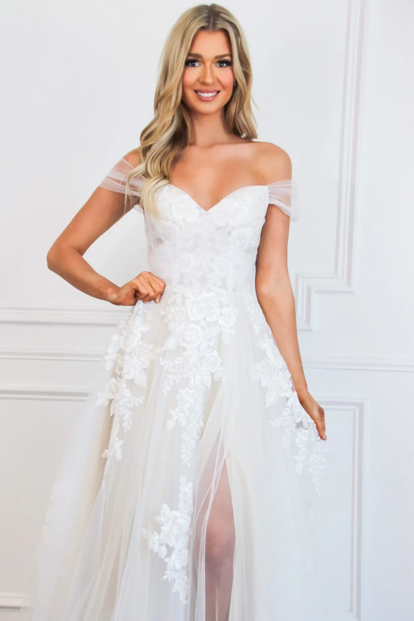 Jayne Off Shoulder Lace A Line Tulle Wedding Dress: White/Nude