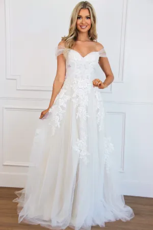 Jayne Off Shoulder Lace A Line Tulle Wedding Dress: White/Nude