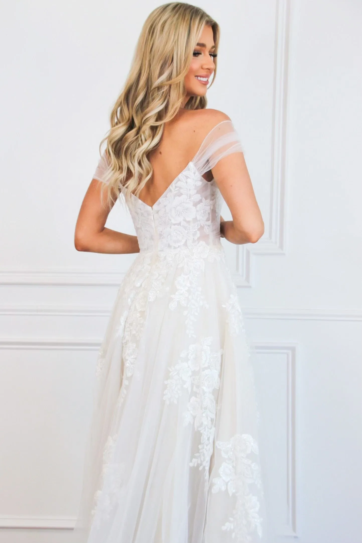 Jayne Off Shoulder Lace A Line Tulle Wedding Dress: White/Nude
