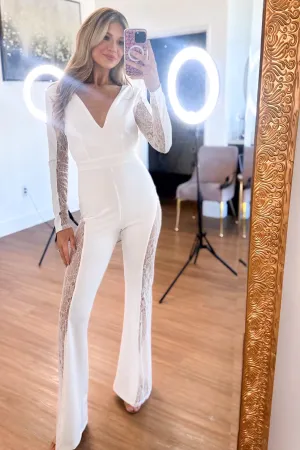 Jenna Embellished Lace Long Sleeve Jumpsuit: White