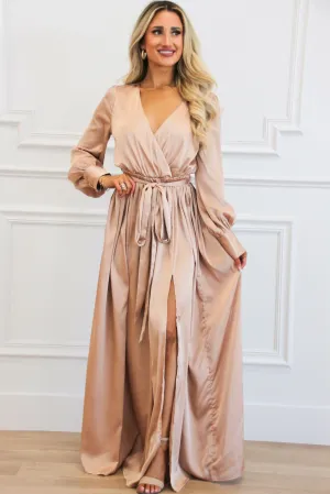 Jordana Long Sleeve Satin Maxi Dress: Champagne