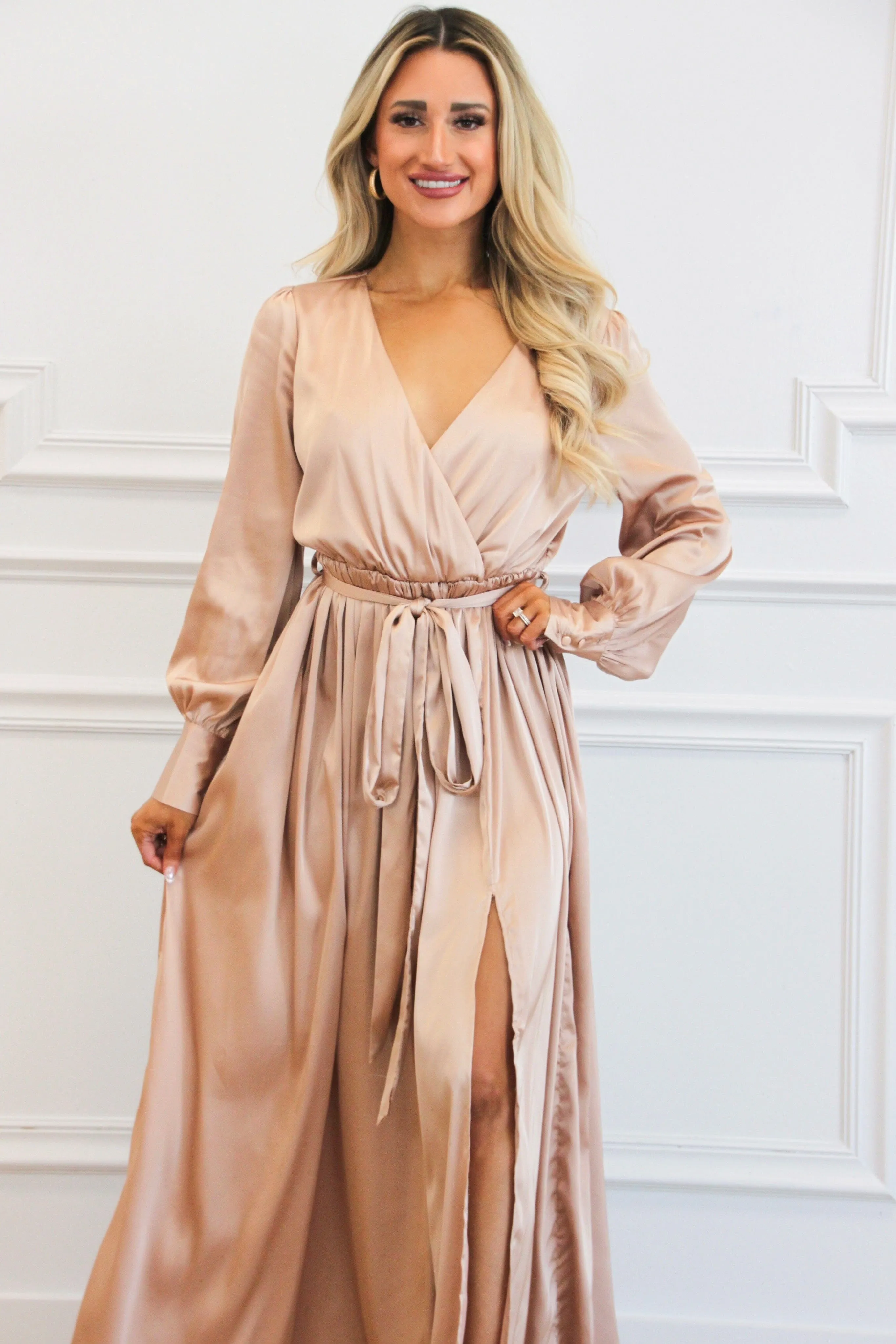 Jordana Long Sleeve Satin Maxi Dress: Champagne