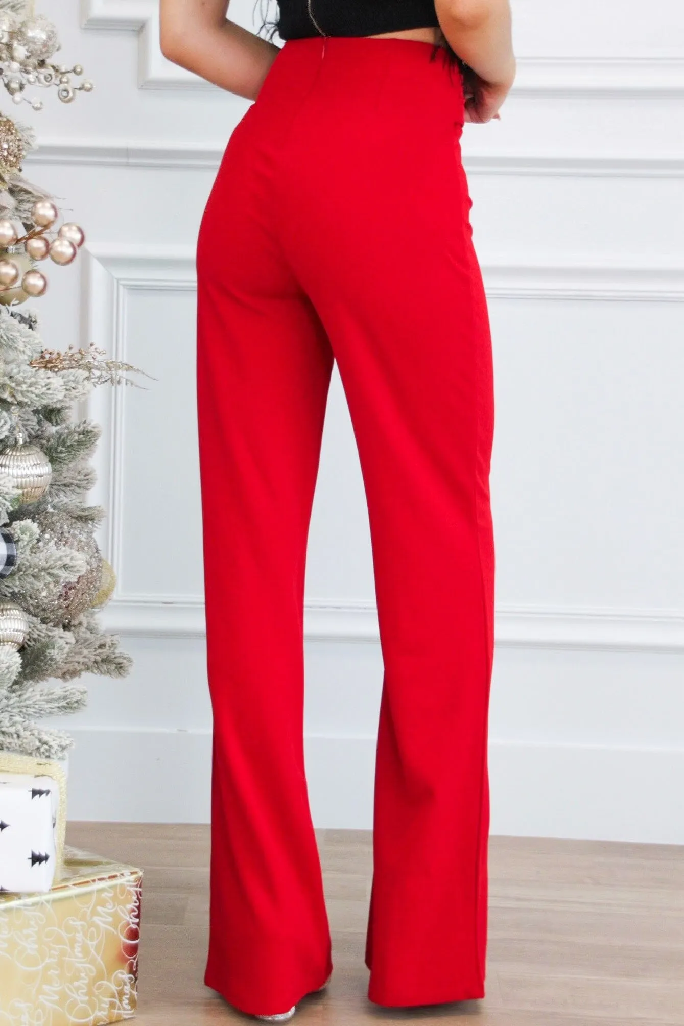 Jovie Belted High Waisted Black Buckle Pants: Red