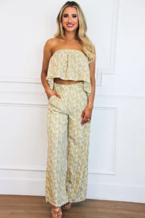 June Printed Strapless Open Back Crop Top: Light Green/Cream