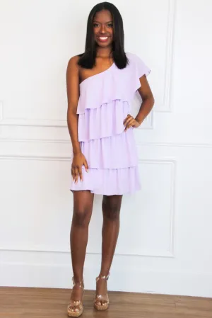 Just a Crush One Shoulder Tiered Ruffle Dress: Lavender
