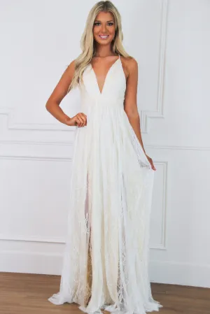 Just Like Heaven Lace Maxi Dress: White/Champagne