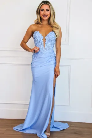 Karter Lace Bustier Shimmer Strapless Slit Formal Dress: Periwinkle Blue