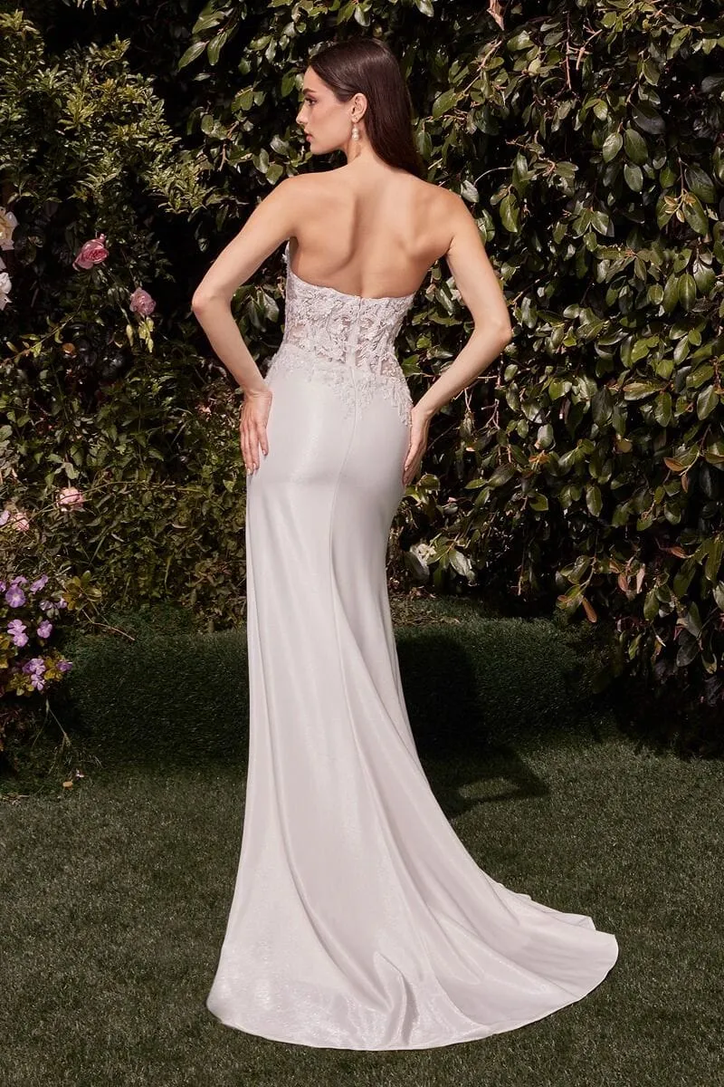 Karter Lace Bustier Shimmer Strapless Slit Formal Dress: White
