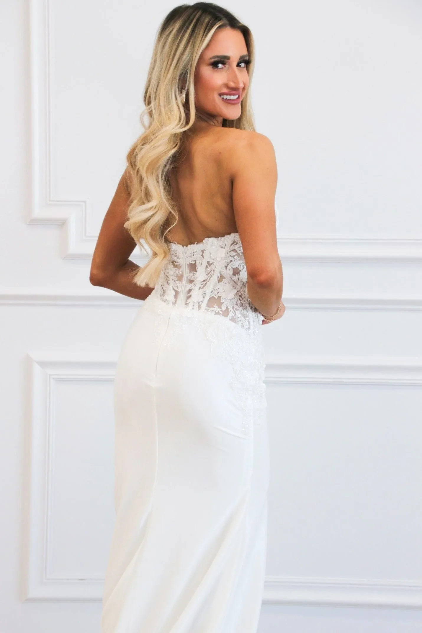 Karter Lace Bustier Shimmer Strapless Slit Formal Dress: White