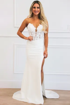Karter Lace Bustier Shimmer Strapless Slit Formal Dress: White