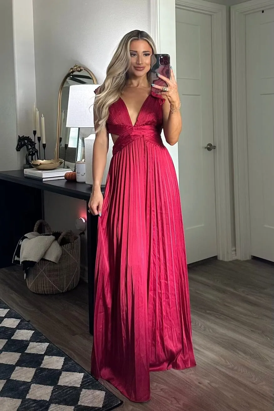 Katina Cutout Pleated Maxi Dress: Burgundy