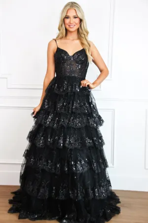 Kehlani Lace Ruffle Sparkly Formal Dress: Black