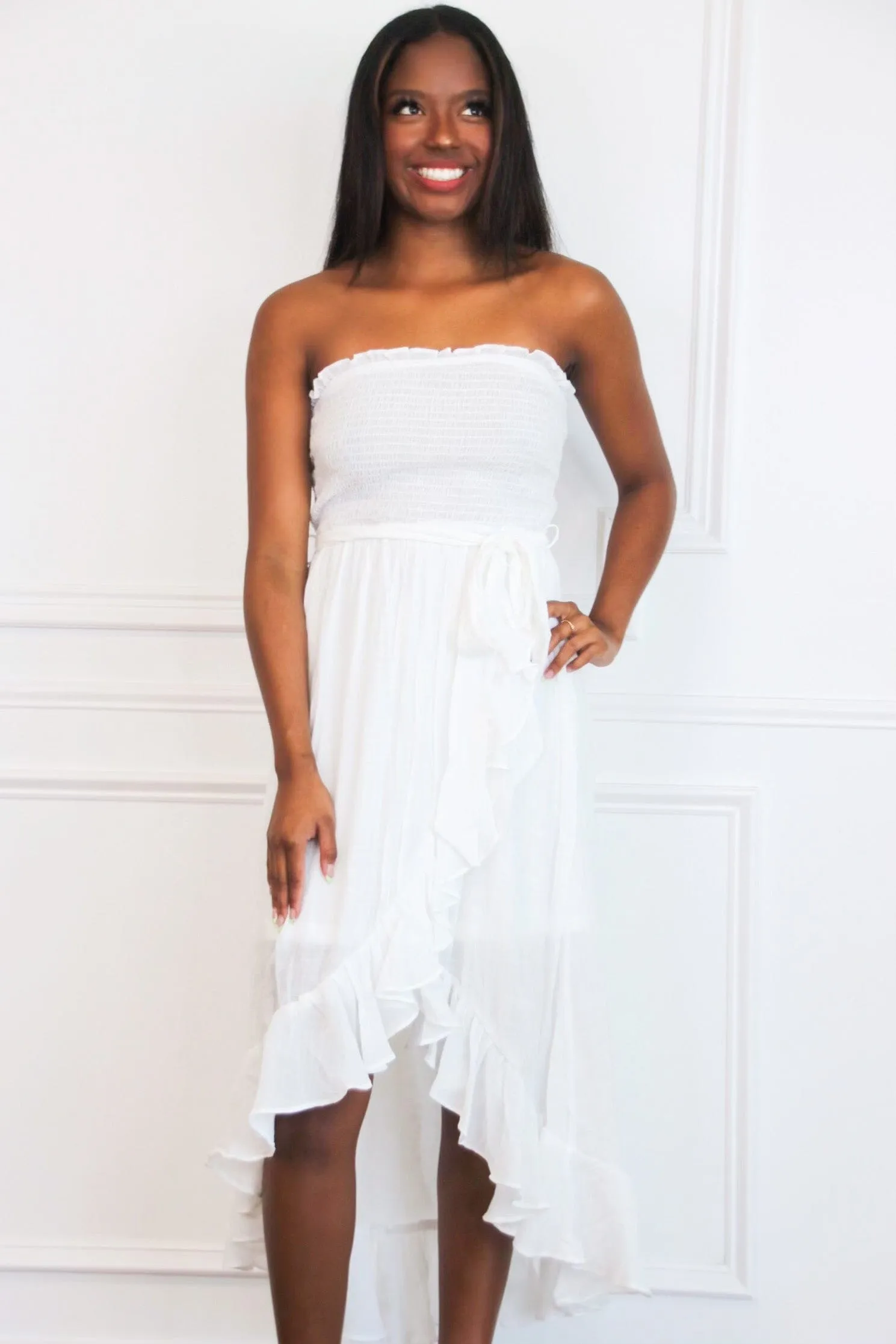 Kellie Smocked Midi Dress: White