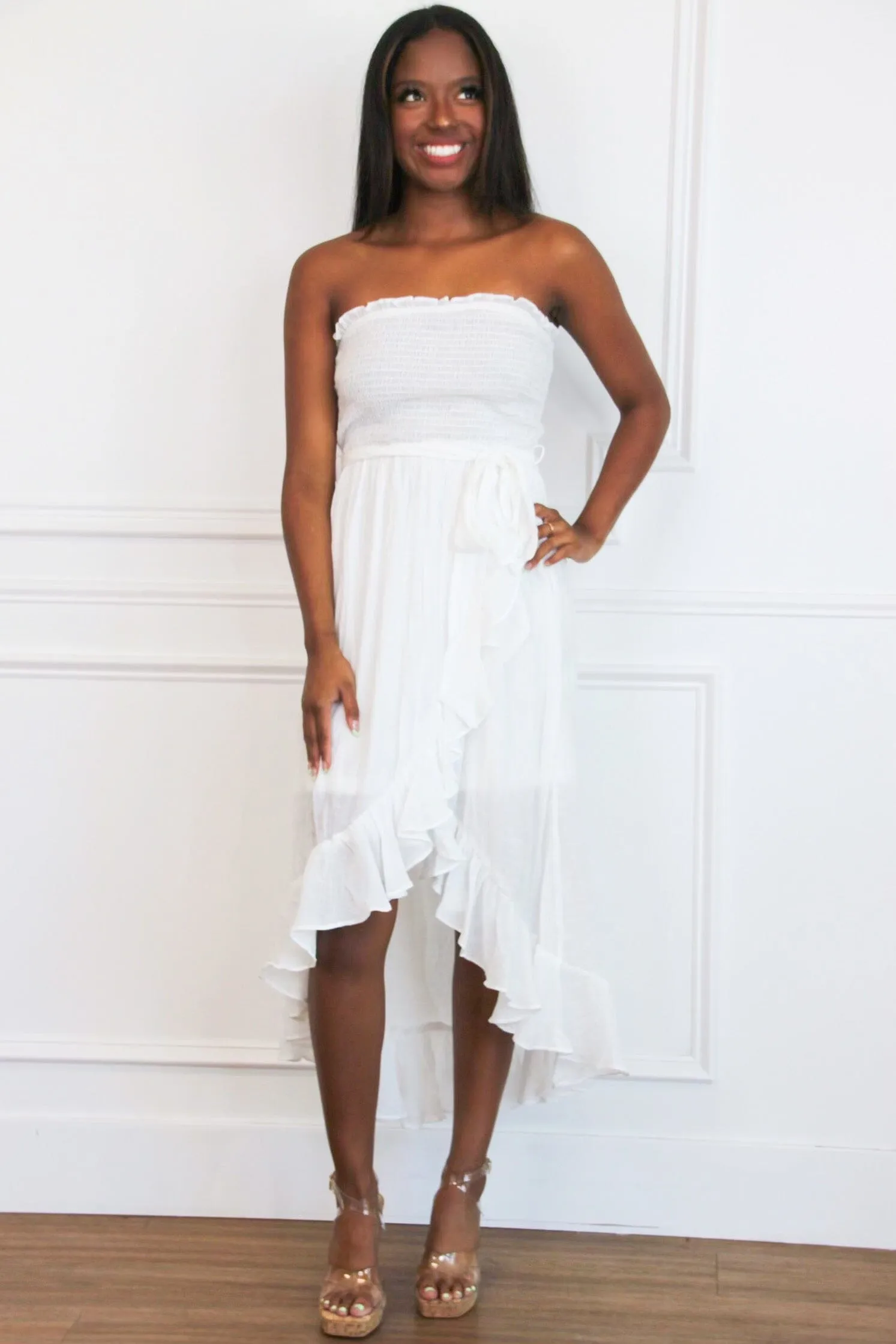 Kellie Smocked Midi Dress: White