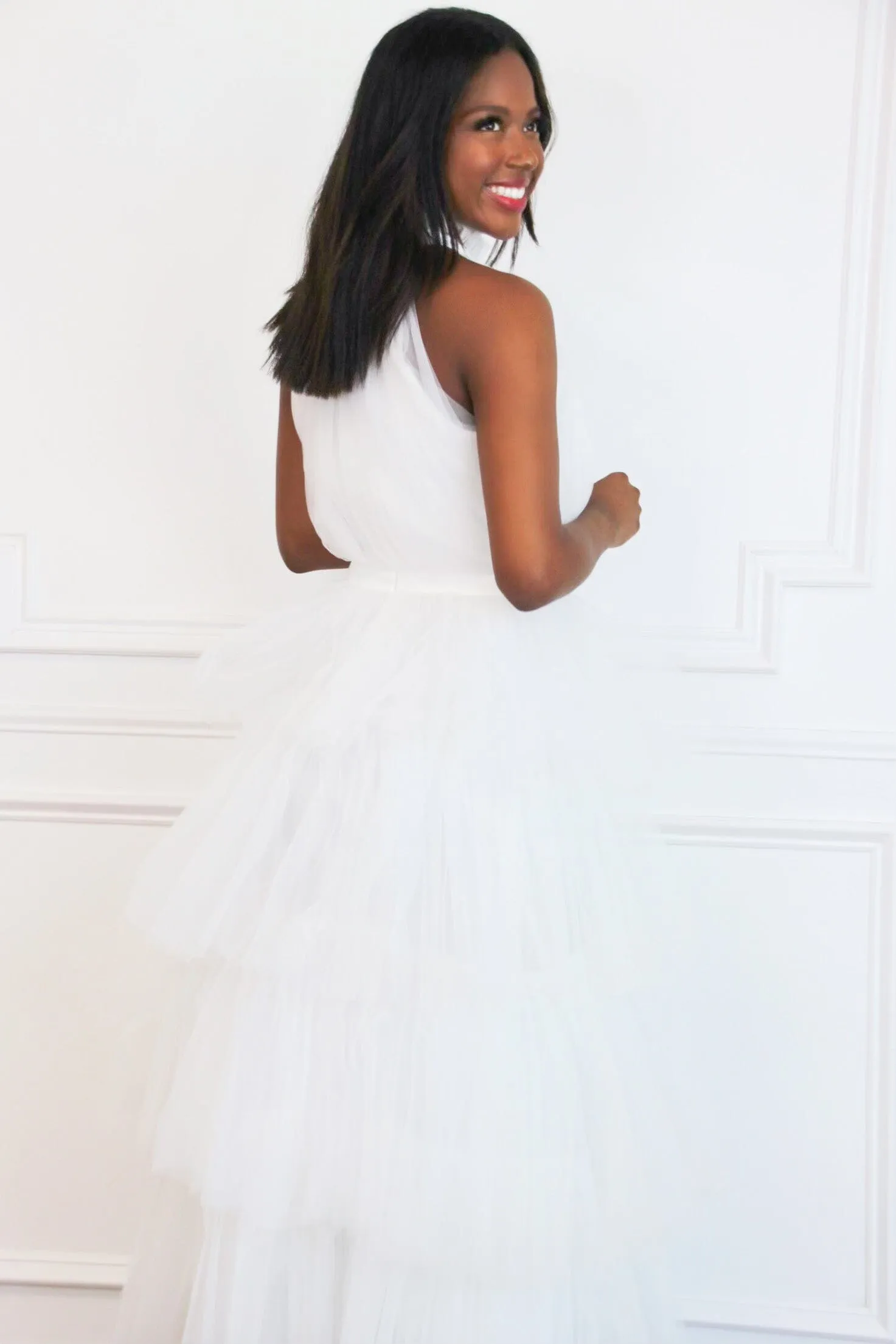Kelsea Tiered Tulle Maxi Dress: White