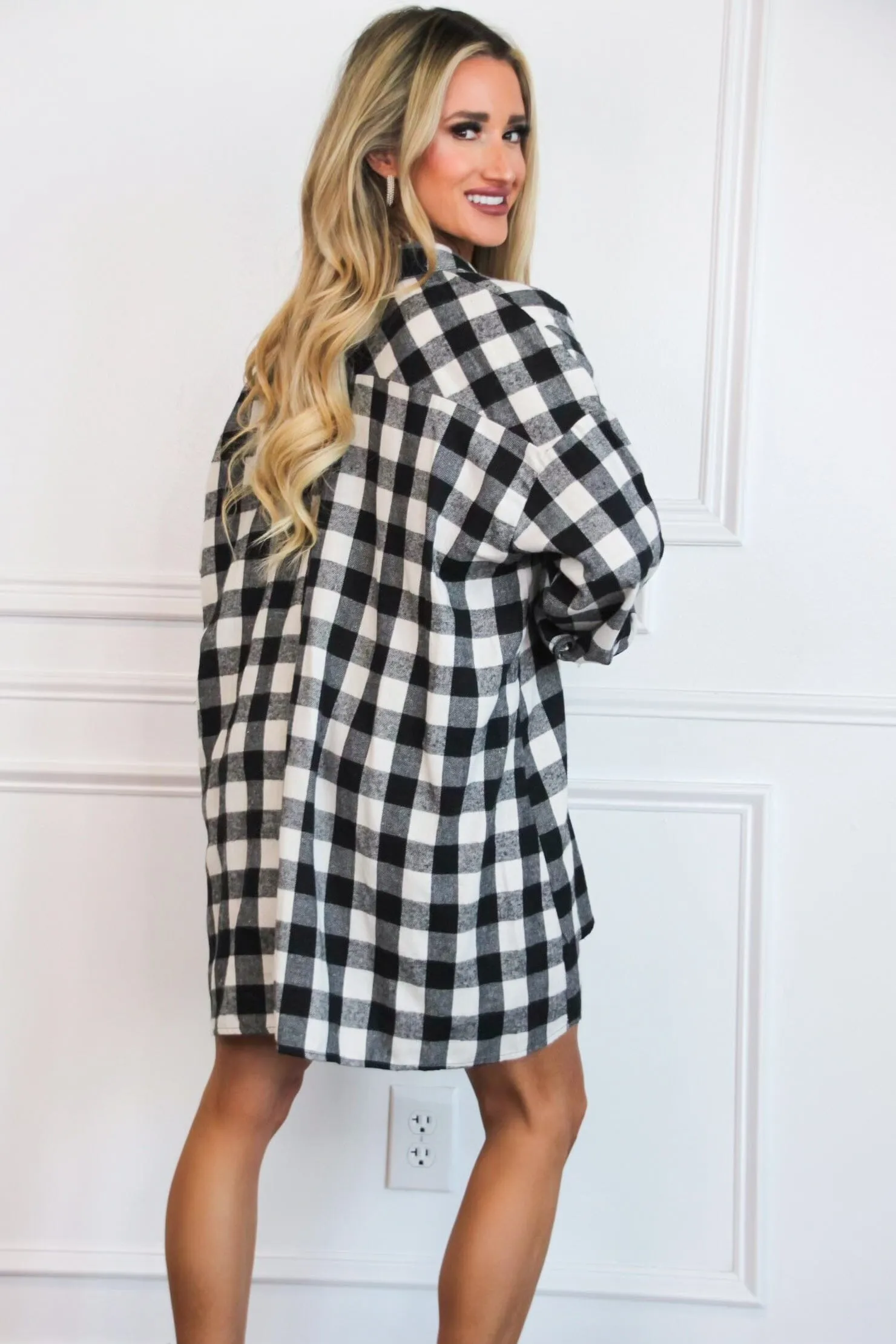 Kerri Plaid Shirt Dress: Black/Ivory