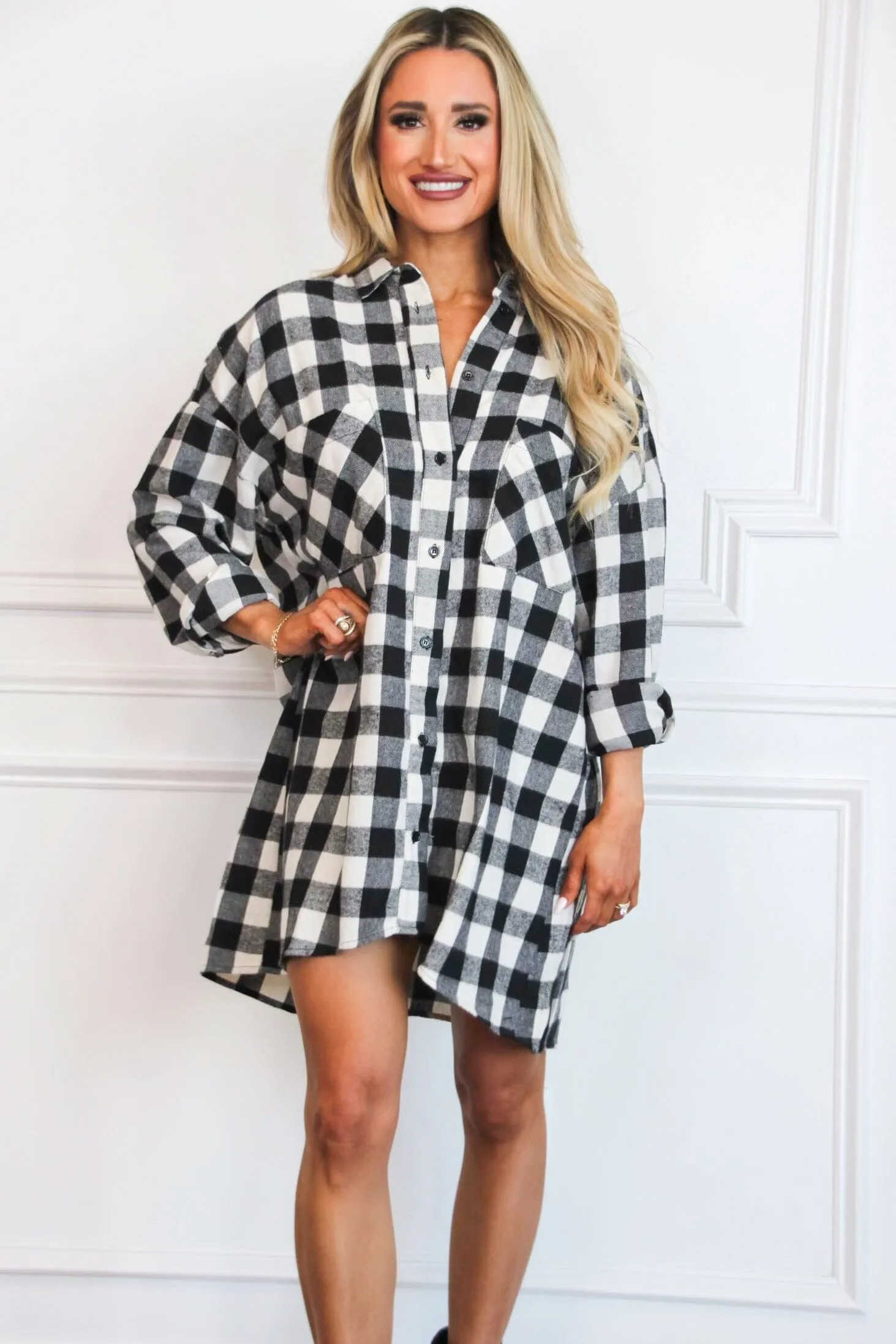 Kerri Plaid Shirt Dress: Black/Ivory