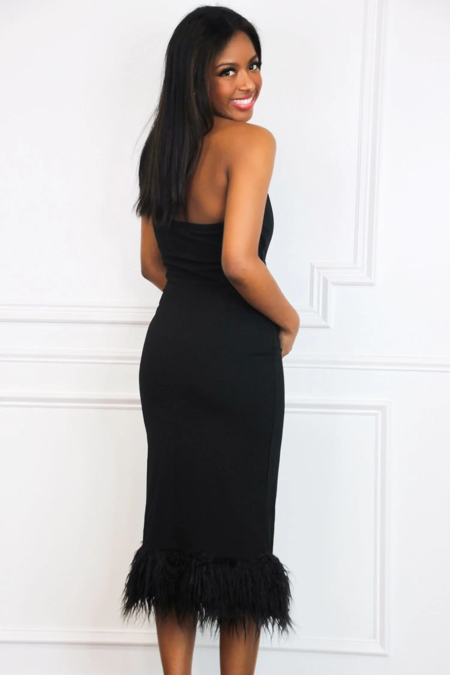 Kiana Strapless Bustier Feather Midi Dress: Black