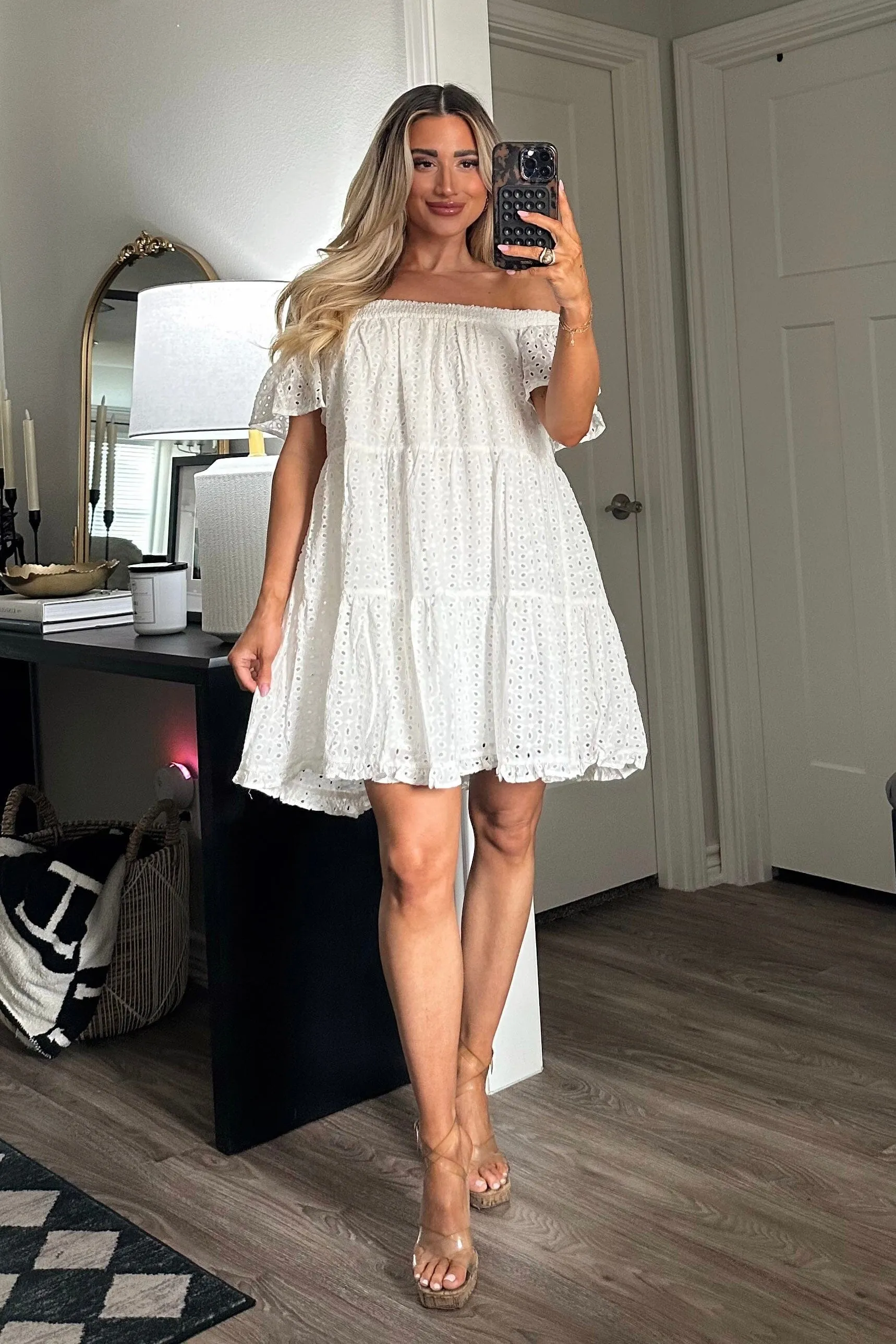 Kinsley Off Shoulder Eyelet Dress: White