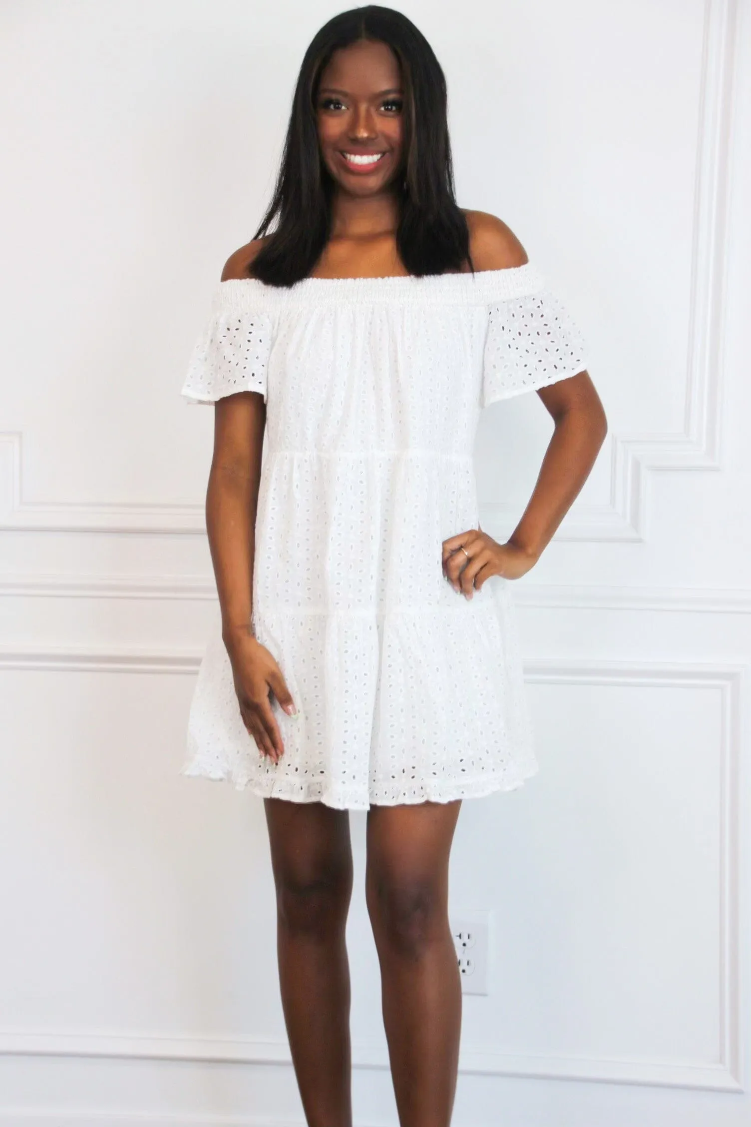 Kinsley Off Shoulder Eyelet Dress: White