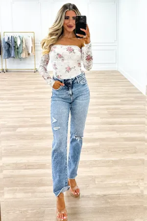 Kyia Off Shoulder Lace Floral Bodysuit: White/Blush