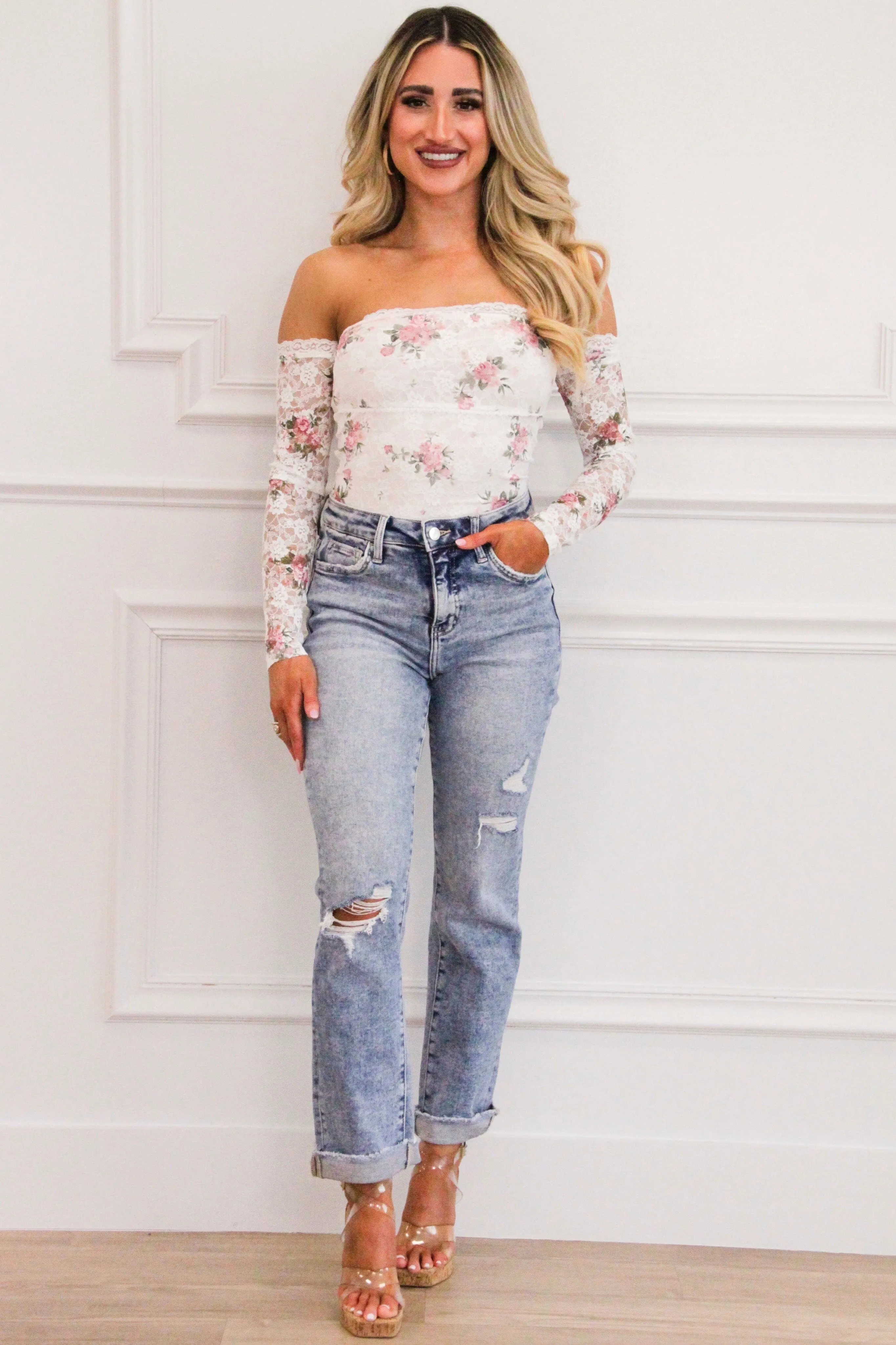 Kyia Off Shoulder Lace Floral Bodysuit: White/Blush
