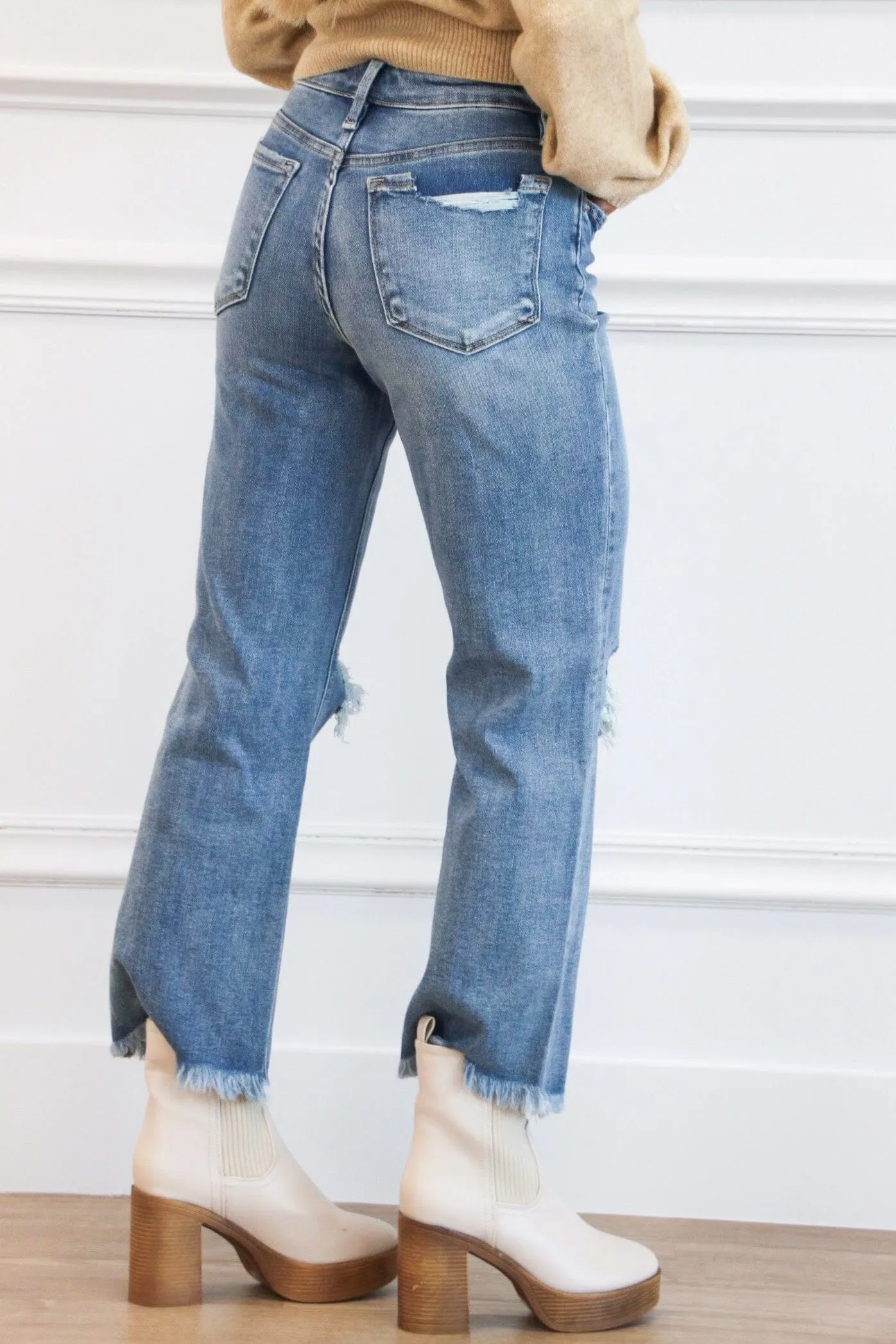 Laina High Rise Distressed Denim: Medium Wash