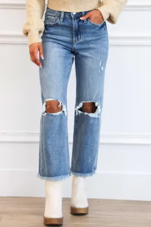 Laina High Rise Distressed Denim: Medium Wash