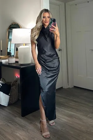 Lana High Neck Halter Satin Maxi Dress: Black