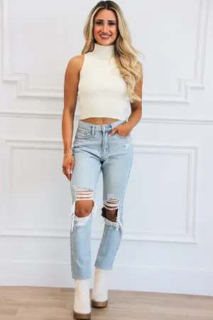 Lanais Cropped Mock Neck Sweater: Cream