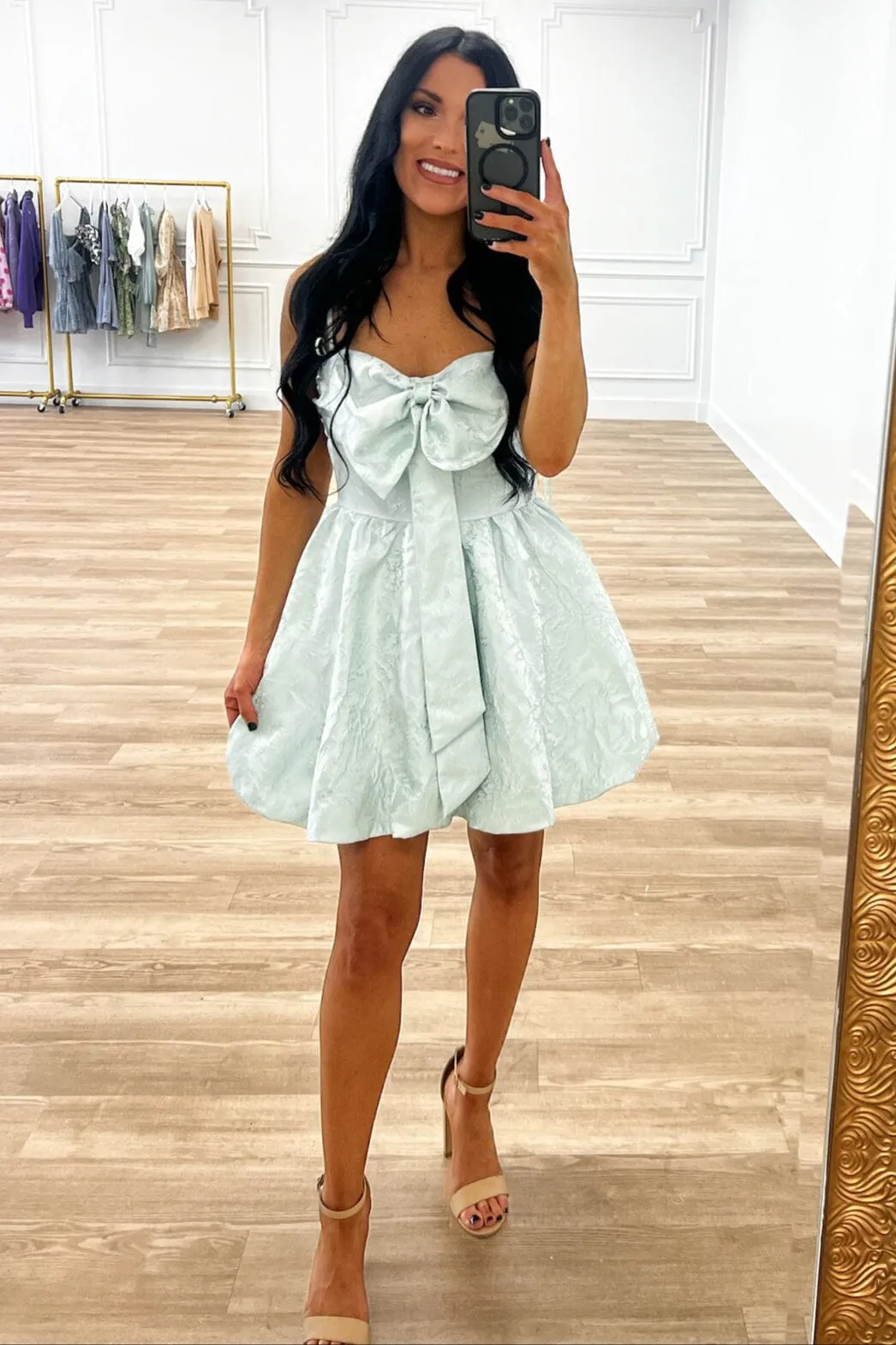 Laney Bow Bubble Hem Dress: Mint Light Blue