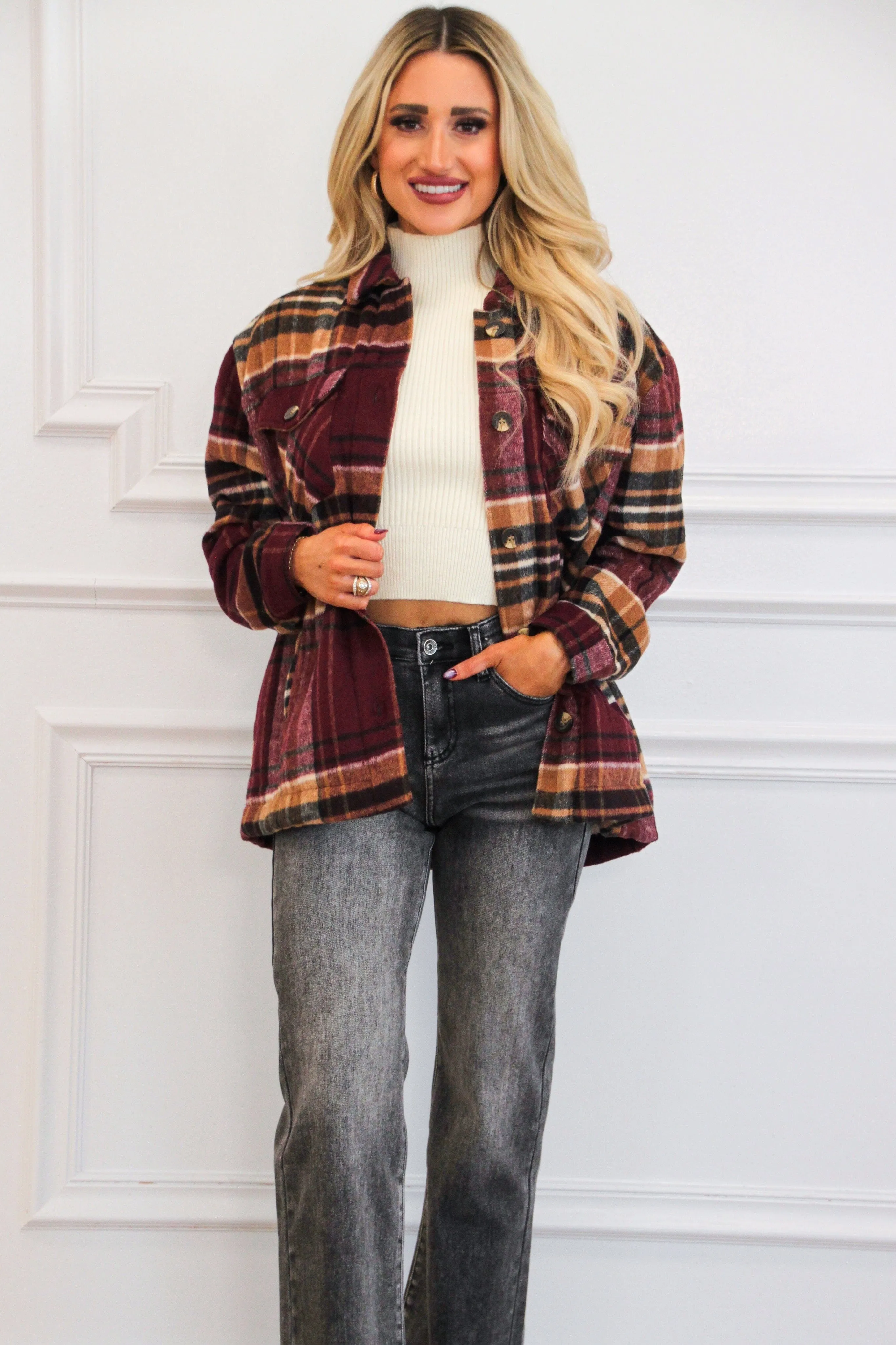 Lawrence Plaid Sherpa Lined Shacket: Burgundy