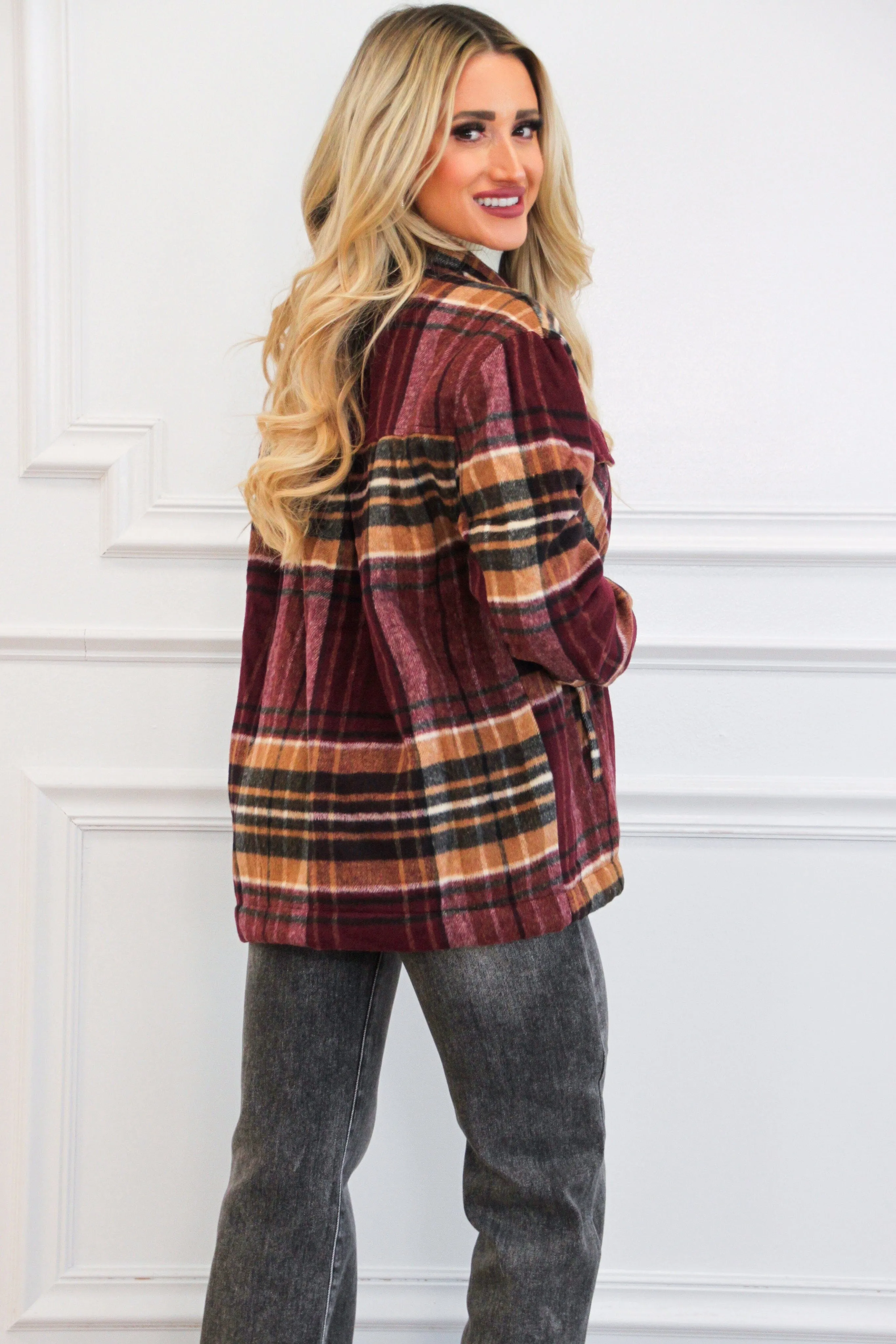 Lawrence Plaid Sherpa Lined Shacket: Burgundy