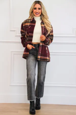 Lawrence Plaid Sherpa Lined Shacket: Burgundy