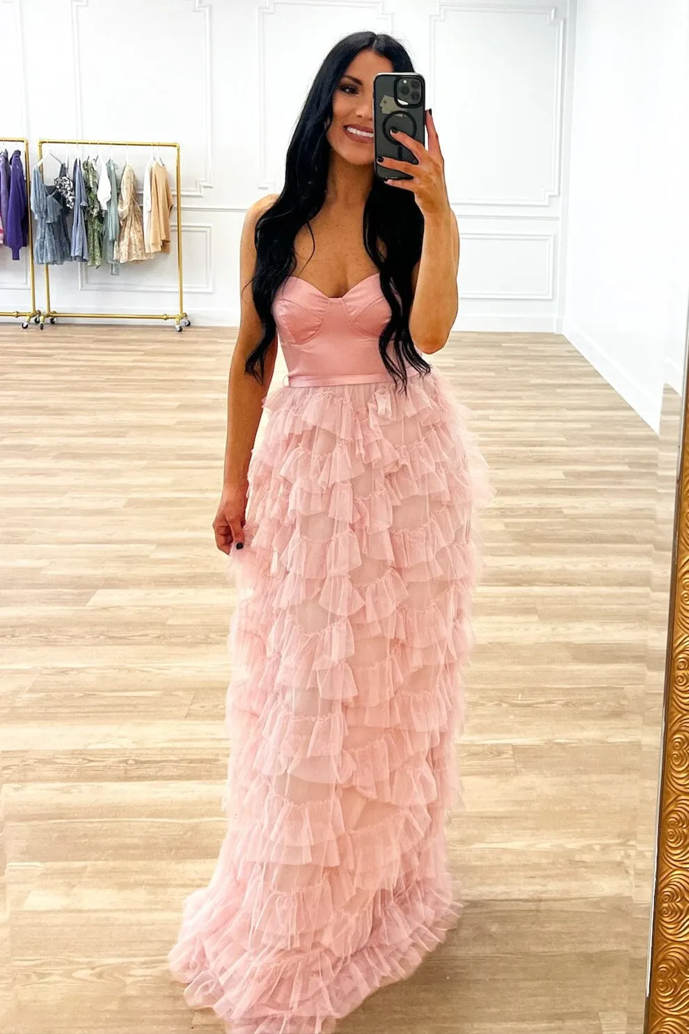 Layton Strapless Tulle Ruffle Maxi Dress: Mauve