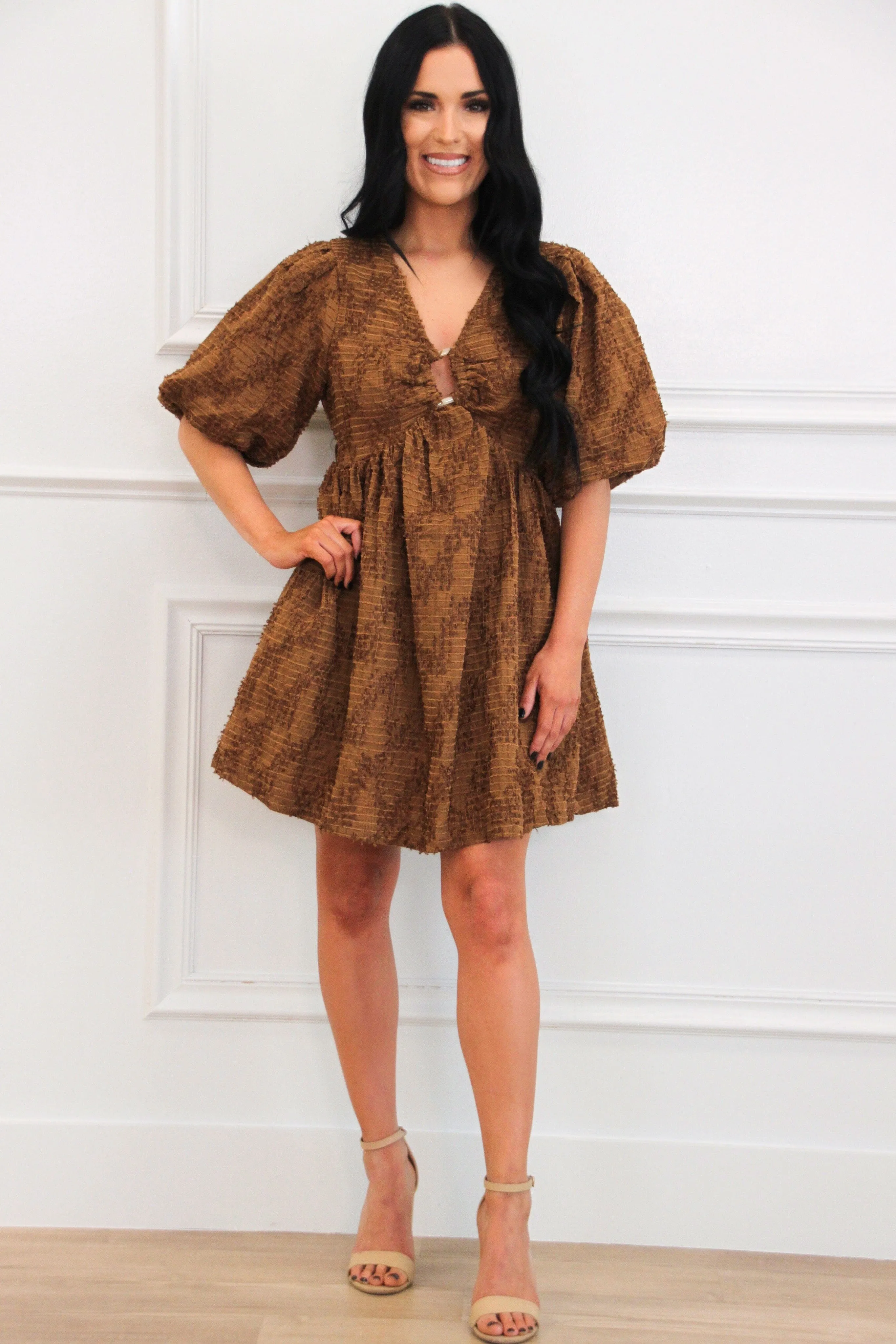 Leave the Pieces Textured Babydoll Dress: Brown