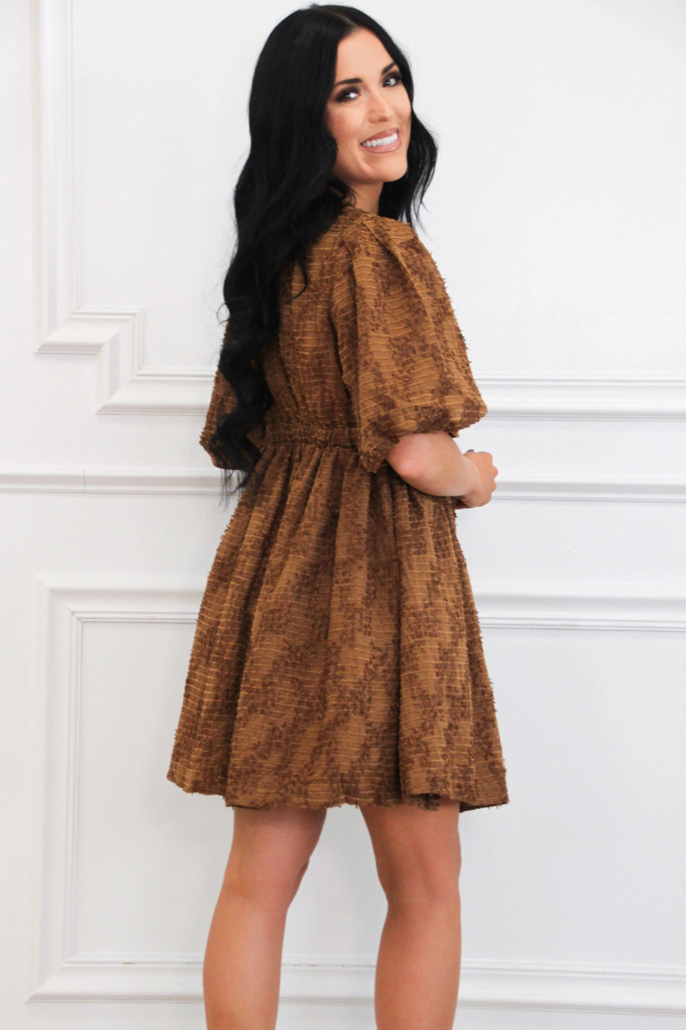 Leave the Pieces Textured Babydoll Dress: Brown