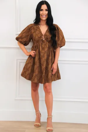 Leave the Pieces Textured Babydoll Dress: Brown