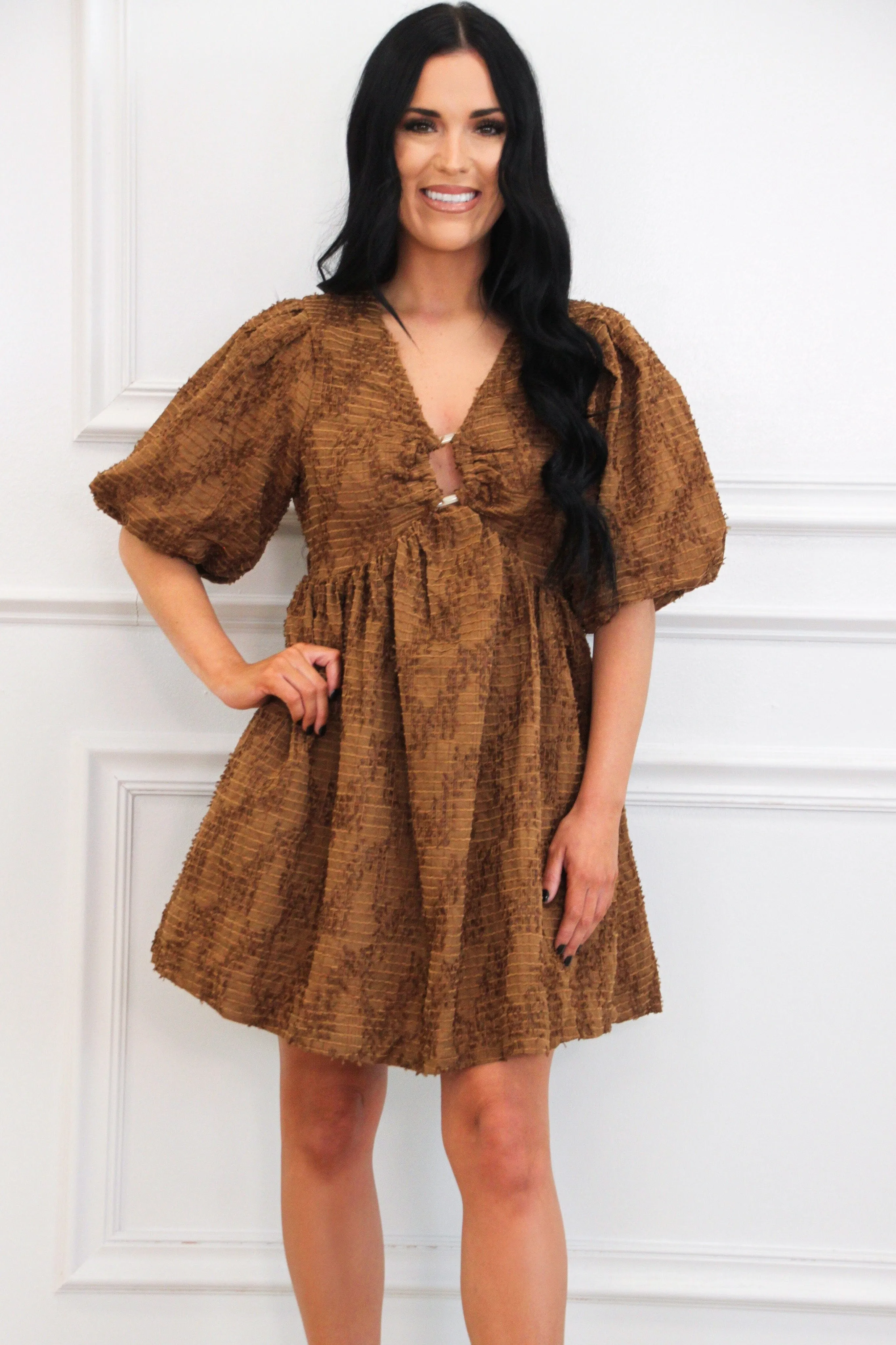 Leave the Pieces Textured Babydoll Dress: Brown