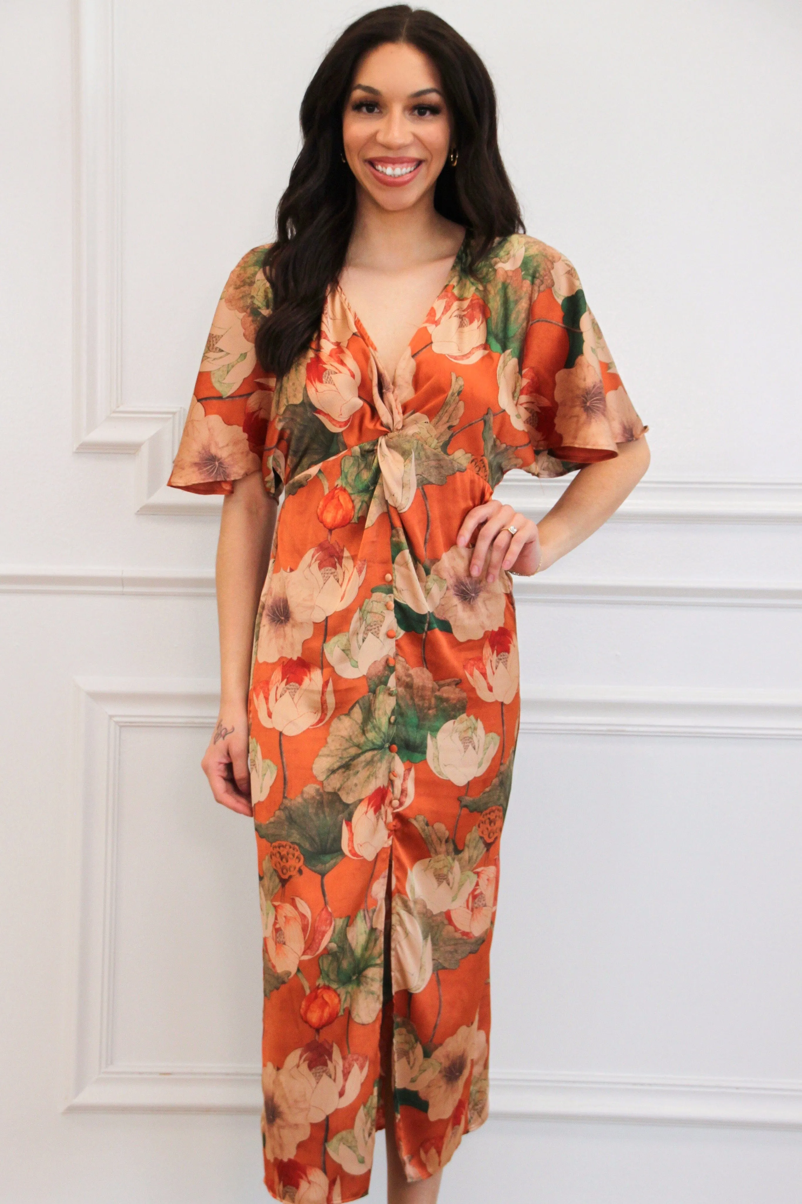 Leaves Falling Satin Floral Button Maxi Dress: Rust