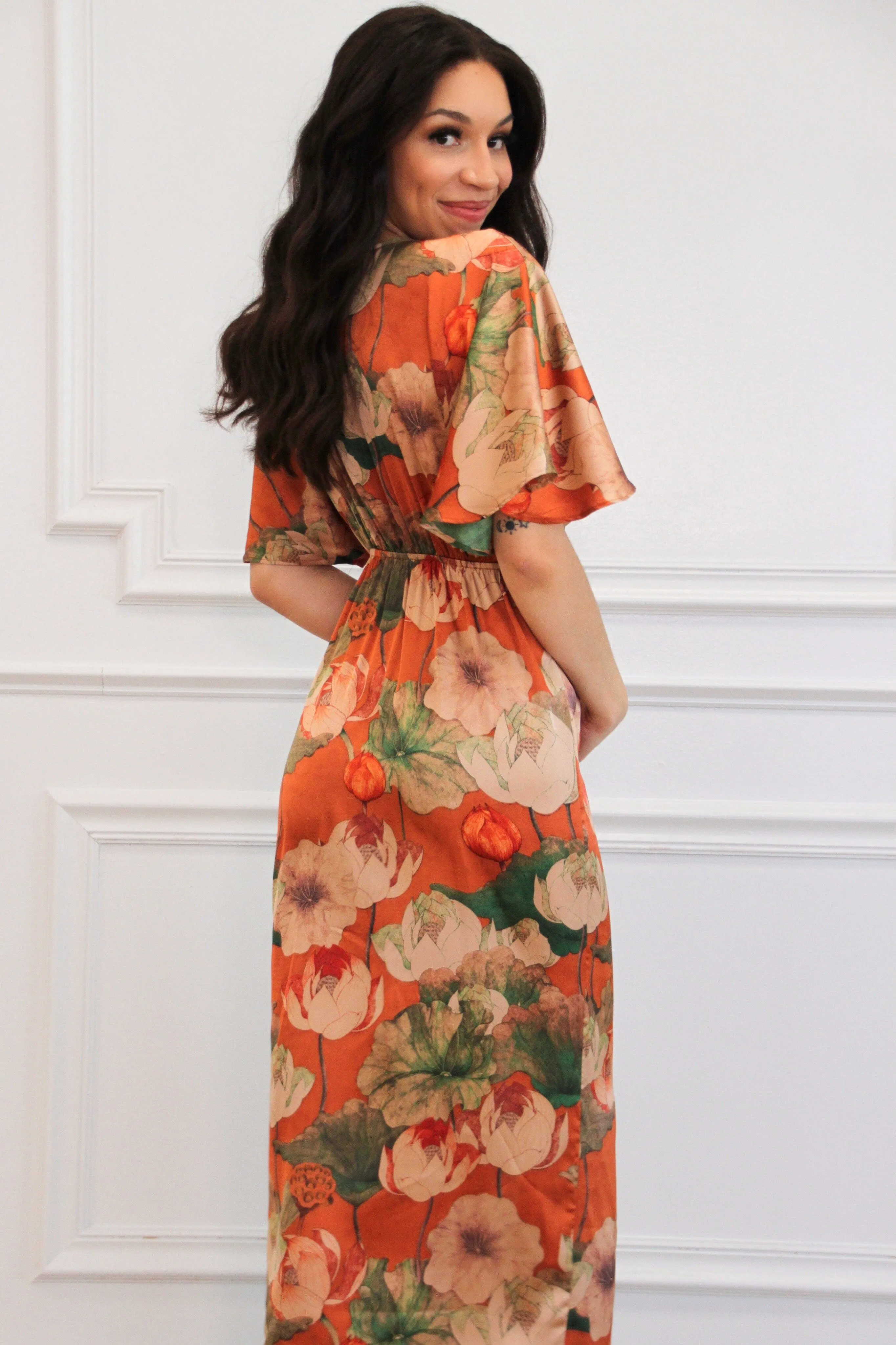 Leaves Falling Satin Floral Button Maxi Dress: Rust