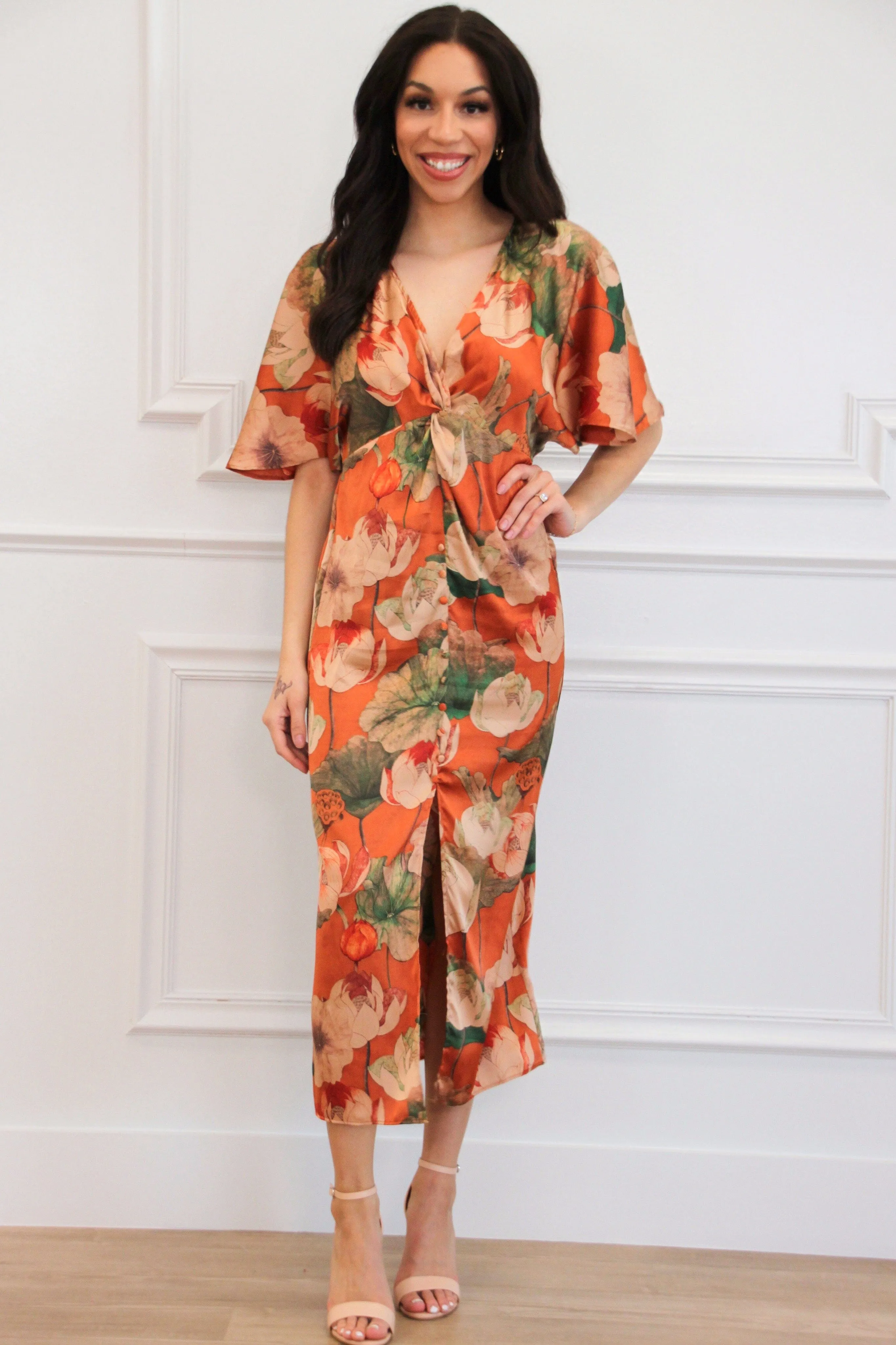 Leaves Falling Satin Floral Button Maxi Dress: Rust