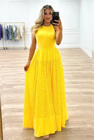 Lennon Eyelet Halter Maxi Dress: Yellow