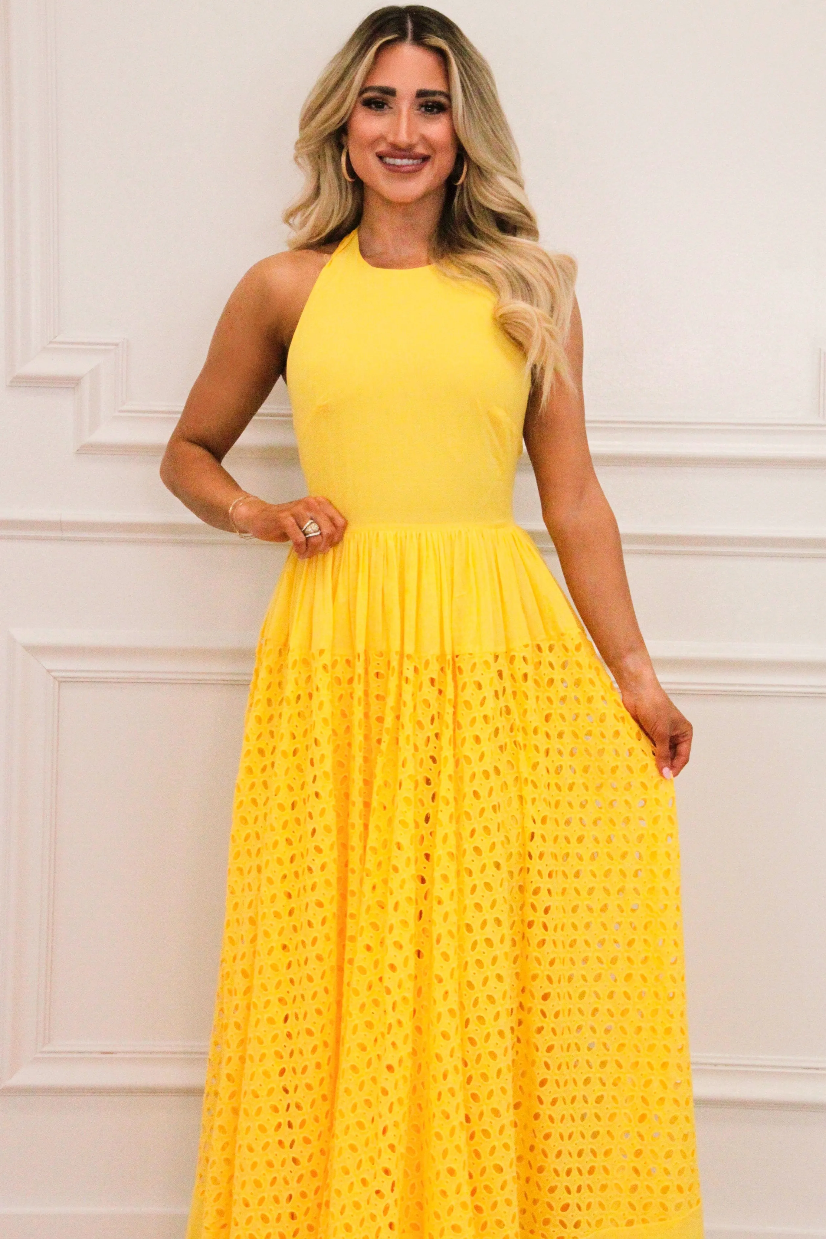 Lennon Eyelet Halter Maxi Dress: Yellow